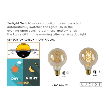 Ampoule filament LED Lucide G95 Twilight Sensor E27 4W 4