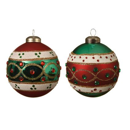 Kerstballen glas rood/groen luxe metalen 8cm
