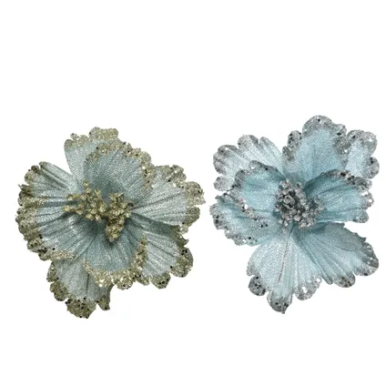 Fleur sur clip polyester paillettes bleu clair/vert clair 27x3cm 1pièce
