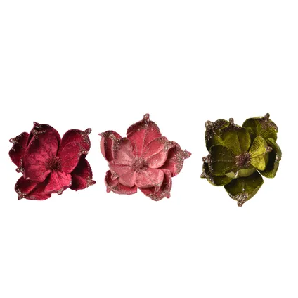 Décoration  de Noël clip fleur velours rouge/rose/vert 38x5cm 1pièce