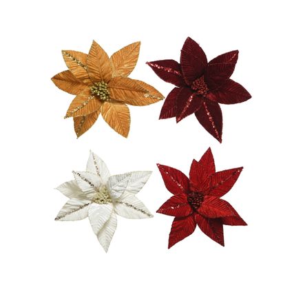 Ornement de Noël Decoris fleur sur clip rouge/bordeaux/blanc/doré velours 32cm