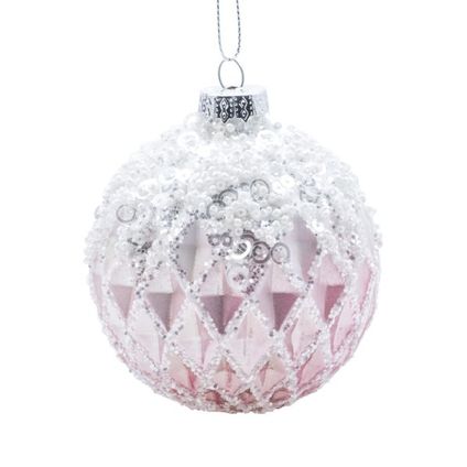 Boule de Noël verre rose/perles 8cm