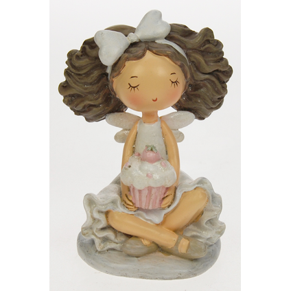 Sitting angel girl 12cm white with pink cupcake