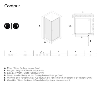 Sealskin Contour draaideur met zijwand 90x90cm, 200cm hoog |zwart 6mm helder veiligheidsglas 7