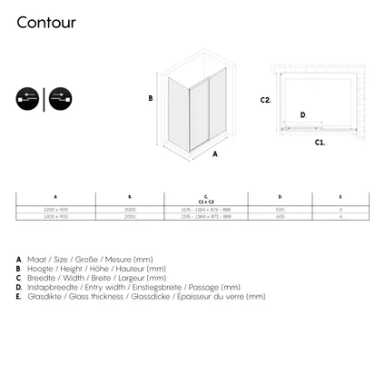 Sealskin Contour schuifdeur met zijwand 120x90cm, 200cm hoog |zwart 6mm helder veiligheidsglas 6