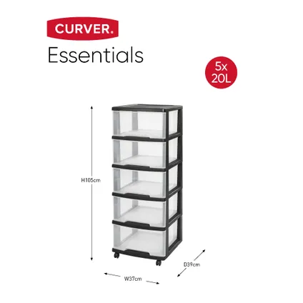 Curver Essentials Ladesysteem 5x20 liter zwart/transparant (Incl. wielen) 4