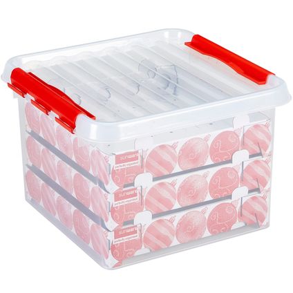 Q-line kerst opbergbox 26L met trays voor 75 kerstballen transparant rood