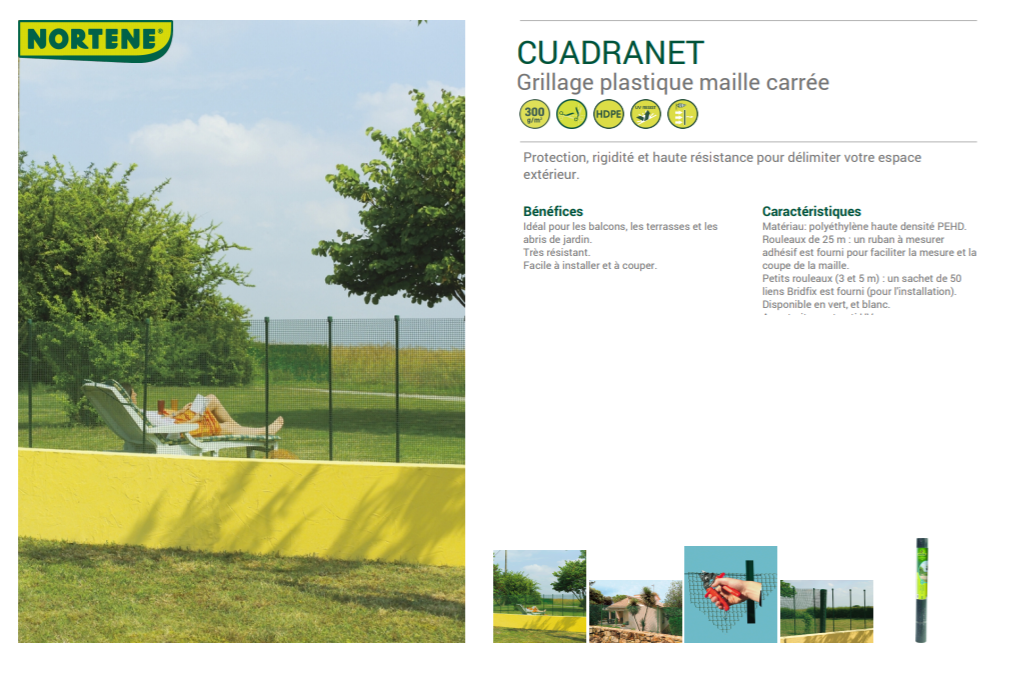 Grillage plastique à maille carrée 20 x 20 rouleau 1 x 25 m vert Cuadranet  Nortene - Boutique en ligne Nortene