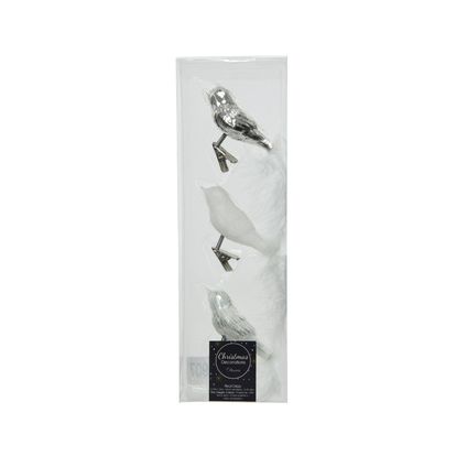 Oiseau de Noël en verre argent/blanc 8cm 3 pièces