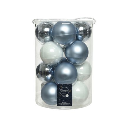 Boules de Noël Decoris verre blanc/bleu Ø8cm 16pcs