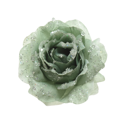 Rose sur clips Decoris polyester vert paillettes 14cm