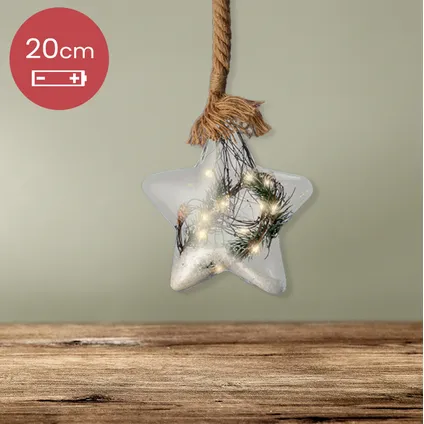 Kerstster met jute touw en 15 LED lampjes - 20cm - Helder glas