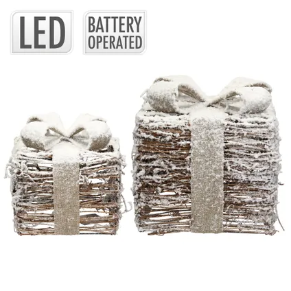 ECD Germany Set van 2 LED geschenkdozen, bruin, besneeuwd, rotan, werkt op batterijen 5