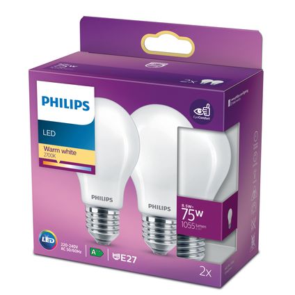 Philips ledlamp warm wit E27 8,5W 2 stuks