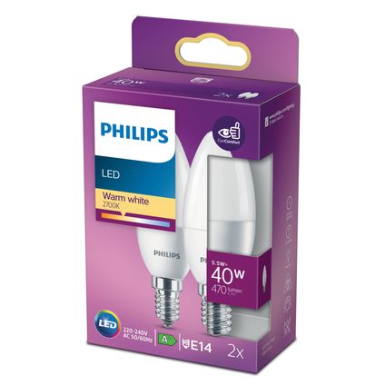 Philips LED kaars E14 5,5W warm wit - 2 stuks