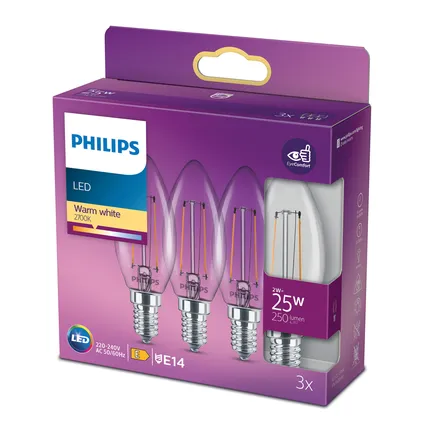 Ampoule LED Philips bougie blanc chaud E14 2W 3 pièces 3