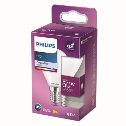 Ampoule LED sphérique Philips blanc froid E14 6,5W 5
