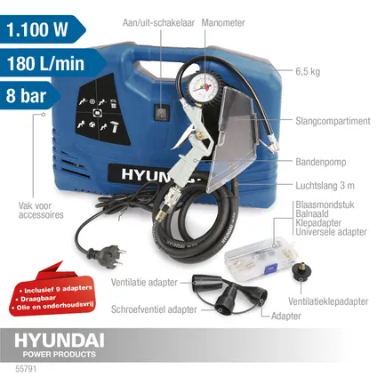 Hyundai compacte compressor 55791 olievrij 1,5PK 8bar 10