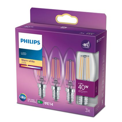 Ampoule LED bougie Philips blanc chaud E14 4,3W 3 pièces
