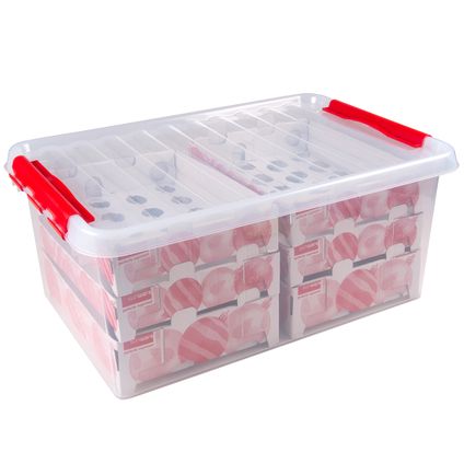 Q-line kerst opbergbox 45L met trays voor 98 kerstballen transparant rood
