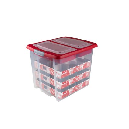 Boîte de Noël Sunware Nesta 45L 480x365x365mm avec insert pour 48 boules (48x Ø 70-80mm) transparent rouge