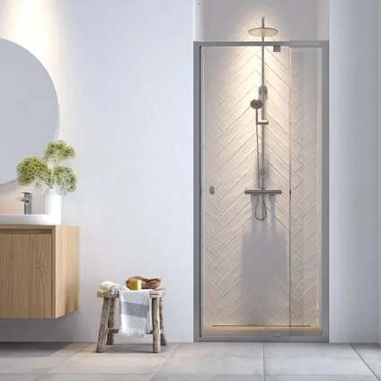 Porte de douche pivotante droite Sealskin Hooked avec large encastrement ajustable pour niche 100x200cm argenté brillant|6mm verre sécurit transparent anti-calcaire