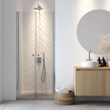Portes de douche battantes pour niche Sealskin Hooked, 100x200cm argenté brillant|6mm verre sécurit transparent avec revêtement anticalcaire