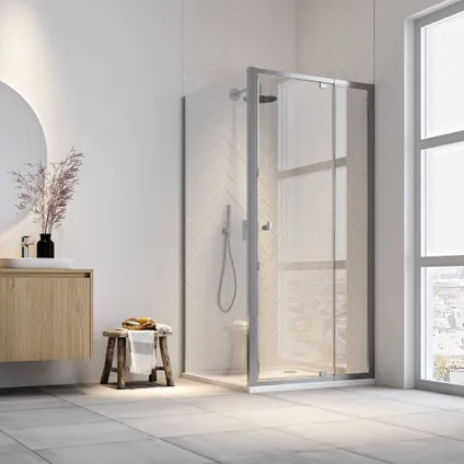 Porte de douche pivotante Sealskin Hooked avec paroi latérale, 90x90cm de large, 200cm de hauteur argenté brillant|6mm verre sécurit transparent, avec revêtement anticalcaire