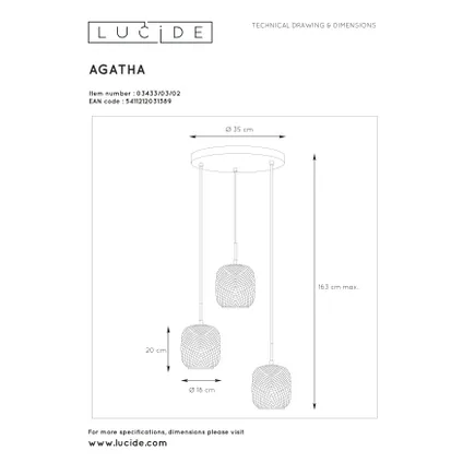 Suspension Lucide Agatha or ⌀35cm 3xE27 3