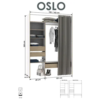 Dressing extensible Oslo blanc/chene avec rideau 3 tiroirs 6 étagères 2