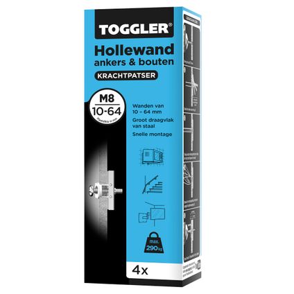Toggler Hollewandanker + bout M8 plaatdikte 10-64mm 4st.