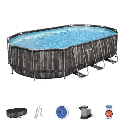 Bestway piscine hors-sol Power Steel bois ovale avec pompe de filtration 610x366x122cm 2