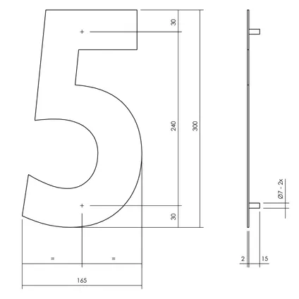 Intersteel huisnummer 5 XL hoogte 30cm rvs mat zwart