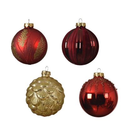 Decoris glazen kerstbal kralen/tak/glitter rood/goud 8cm