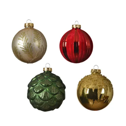Decoris glazen kerstbal kralen/tak/glitter groen/rood 8cm