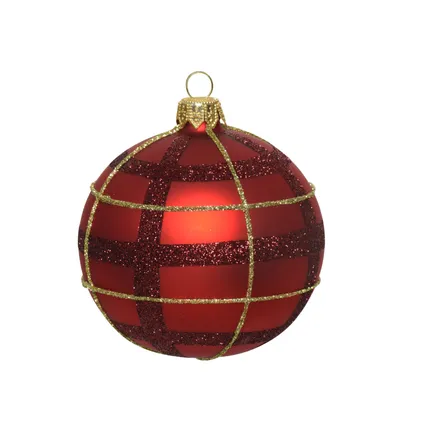 Decoris Kerstbal glazen ruitjes bordeaux/rood/goud Ø8cm