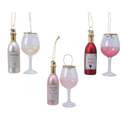 Decoris kerstornament wijnfles en glas 6x12,5cm 2 stuks