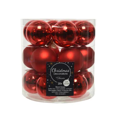 Boules de Noël Decoris rouge mat/verre brillant Ø4cm - 18 pièces