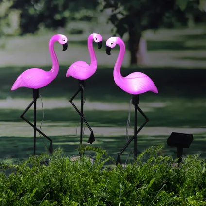 VidaXL zonnepiket flamingo solar LED roze-koud wit 3stuks