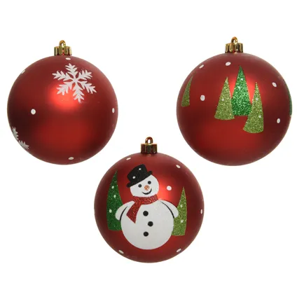 Decoris onbreekbare kerstbal Kerstman/Sneeuwman/vlok rood 10cm