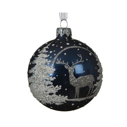 Boule de Noël verre cerf/sapins bleu nuit Ø8cm