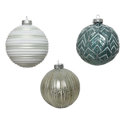 Decoris glazen kerstbal glitter/lijnen blauw/zilver 10cm