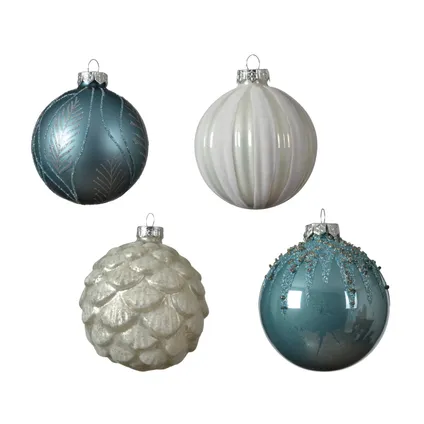 Decoris glazen kerstbal kralen/tak/glitters blauw/zilver 8cm