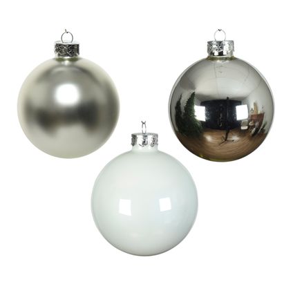 Decoris glazen kerstbal wit/zilver 8cm 16 stuks