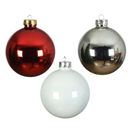 Decoris glazen kerstbal wit/rood 8cm 16 stuks