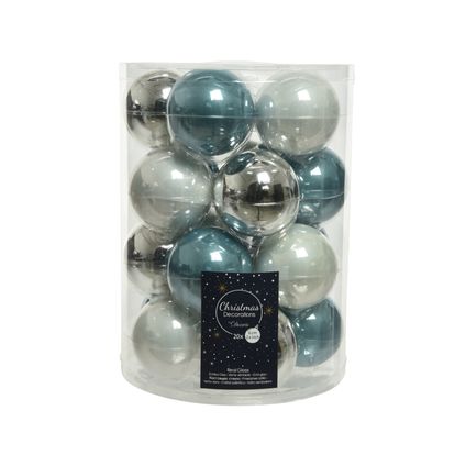 Decoris glazen kerstbal blauw/zilver 6cm 20 st