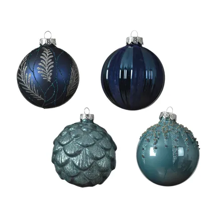 Boule de Noël verre Decoris perles/branche/paillettes bleu 8cm