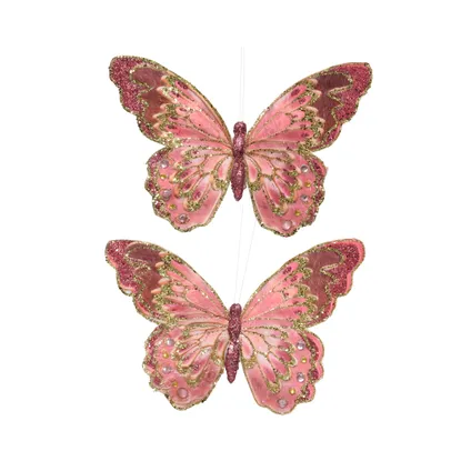 Decoris vlinders op clip stof roze 0,5x18x12cm 2 stuks