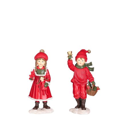 House of Seasons kerstbeeldje steen jongen/meisje rood-groen 1 stuk