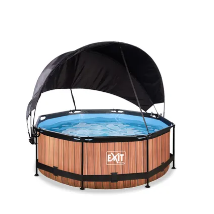 EXIT Wood opzetzwembad met schaduwdoek en filterpomp bruin Ø244x76cm 2